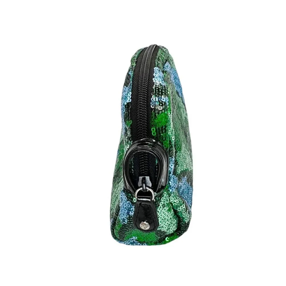 New Stephanie Johnson Makeup Cosmetic Bag Blue Green Sequin Zip Medium Size